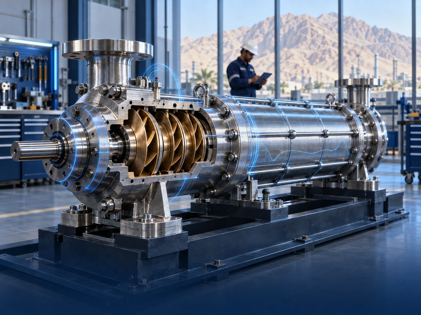 AI visualization of an industrial pump with digital diagnostics in a modern maintenance workshop